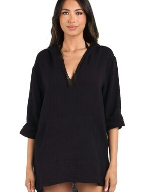 La Blanca Seaside Cover Hoodie Black Gauze Swim Cover Up Small EUC